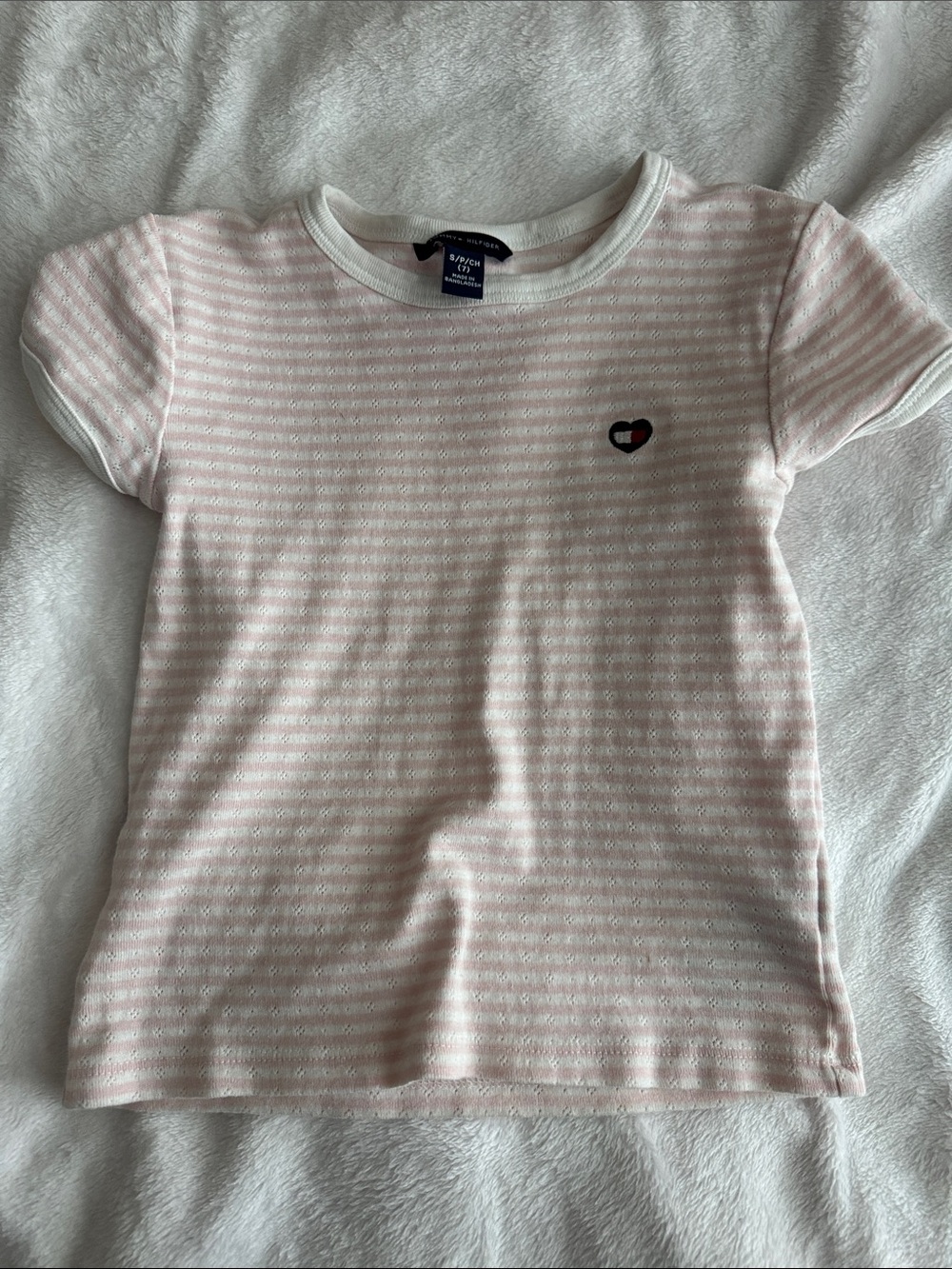 Tommy Hilfiger Pink & White Striped Heart Logo Girls Tee